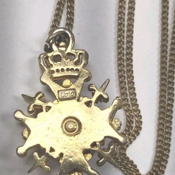 Vintage Gold Tone Coro Blue Enamel, Rhinestone, Pearl Crown Necklace - Picture 7 of 8